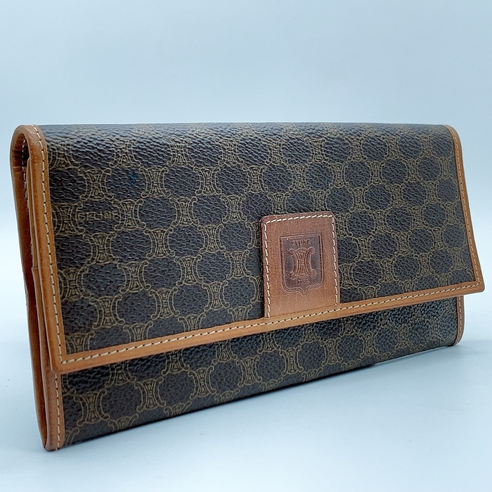 CELINE Macadam Long Wallet Flap Button Leather Wallet in Light Brown